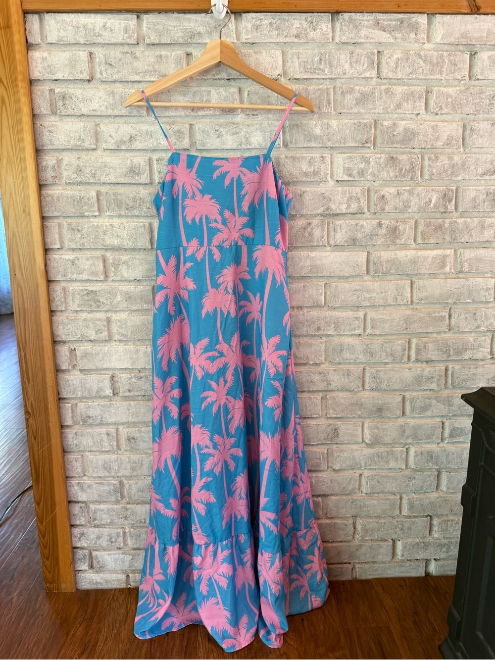 Blue & Pink Palm-Print Maxi Dress, Sleeveless Spaghetti-Strap